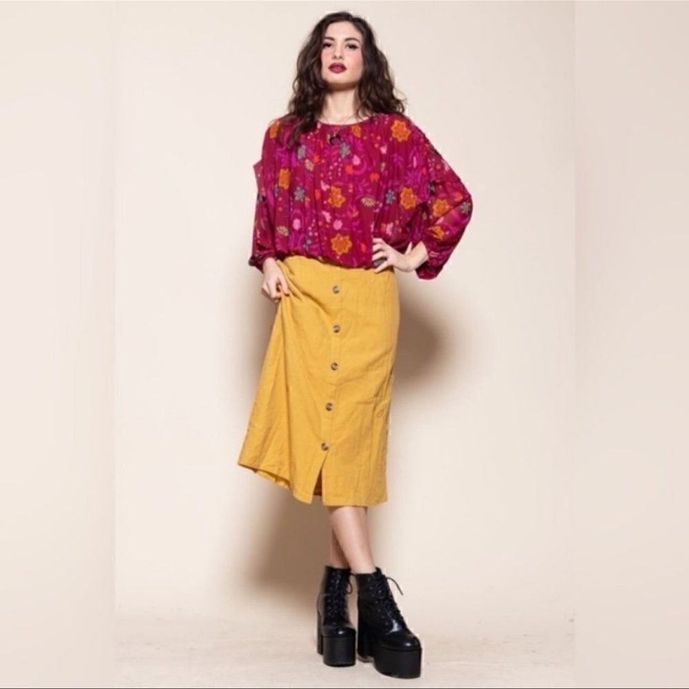 Free People Wildflower Honey Berry Floral Boho Balloon Sleeve S Ruffled Blouse